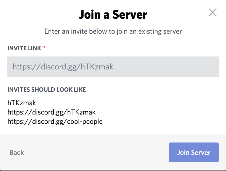 Discord join server input dialog